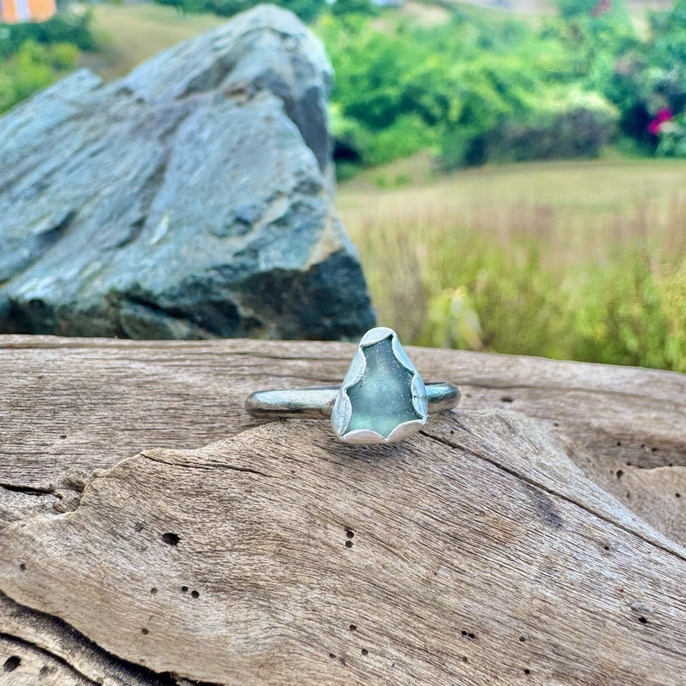 Handmade Sterling silver sea glass ring aqua blue 925 beaded beach coastal ocean